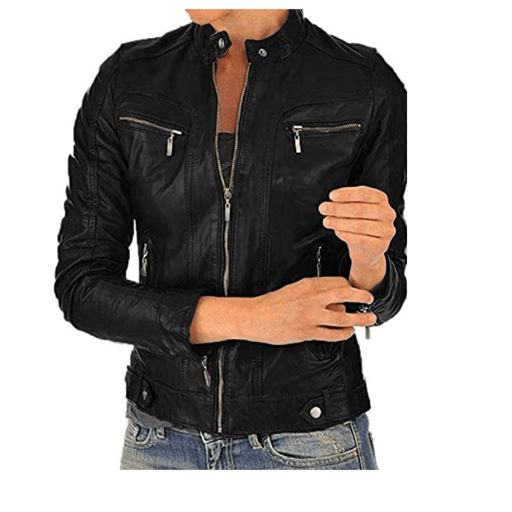 Women?s Lambskin Leather Bomber Biker Jacket -Black – Genesis